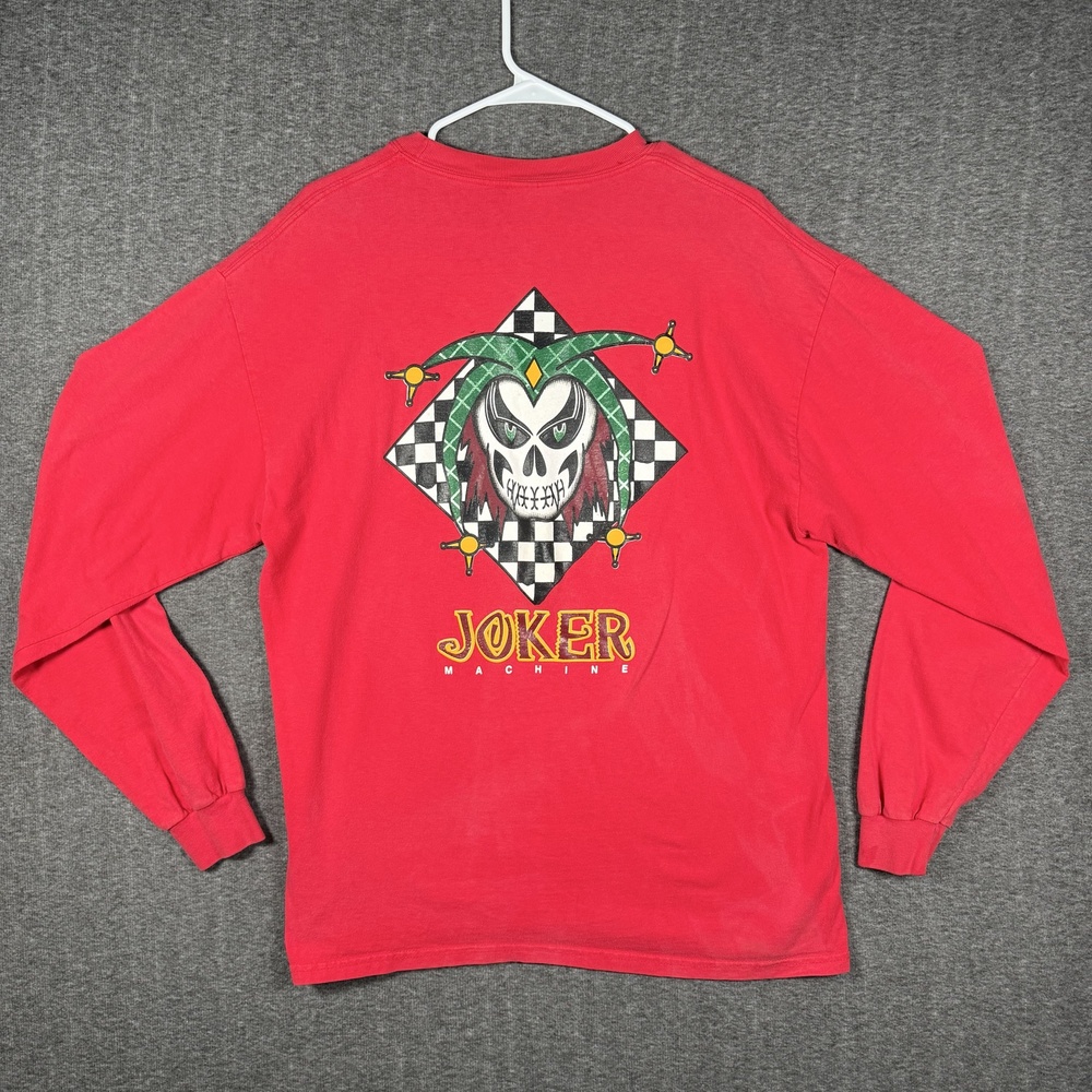 Vintage Joker Machine Shirt L Red Long Sleeve Skull Jester Biker Hanes Beefy T